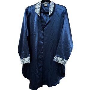 Circa 2000 Navy Blue Satin Lace Trim Button Front Sleep Shirt Nightgown XL